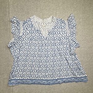 Lucky Brand Blue Paisley V-Neck Flutter Sleeves Boho Blouse EUC sz 1X/16